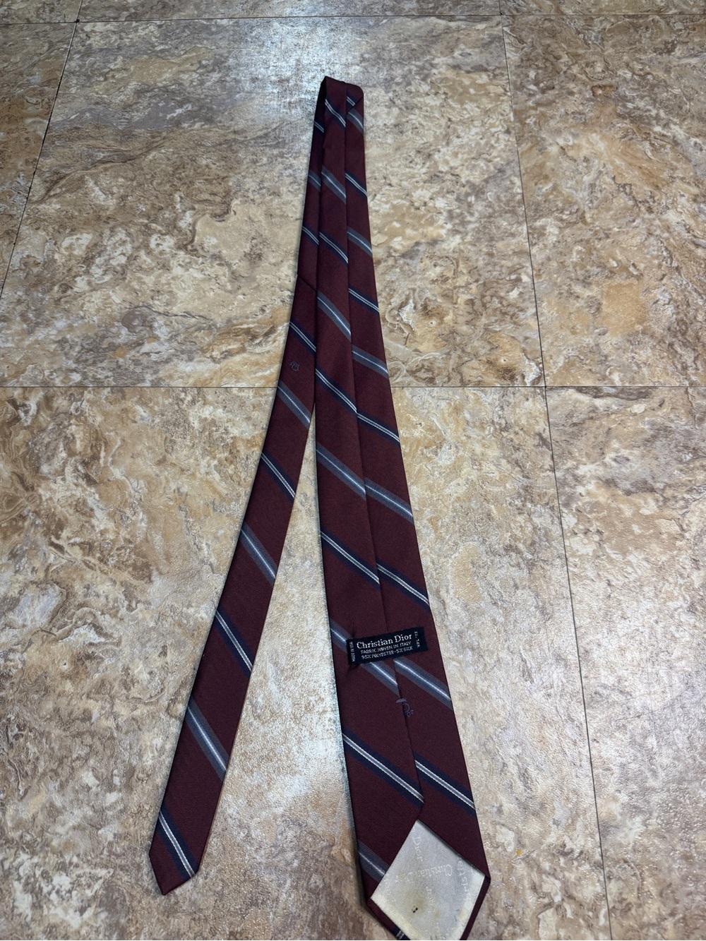 Dior Burgundy Silk Tie with Gray Stripes